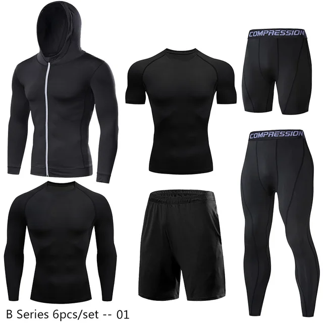 Dry Fit Men's Training Sportswear Set Gym Fitness Compression Sport Suit Jogging Tight Sports Wear Clothes 4XL5XL Oversized Male 09-6pcs per set