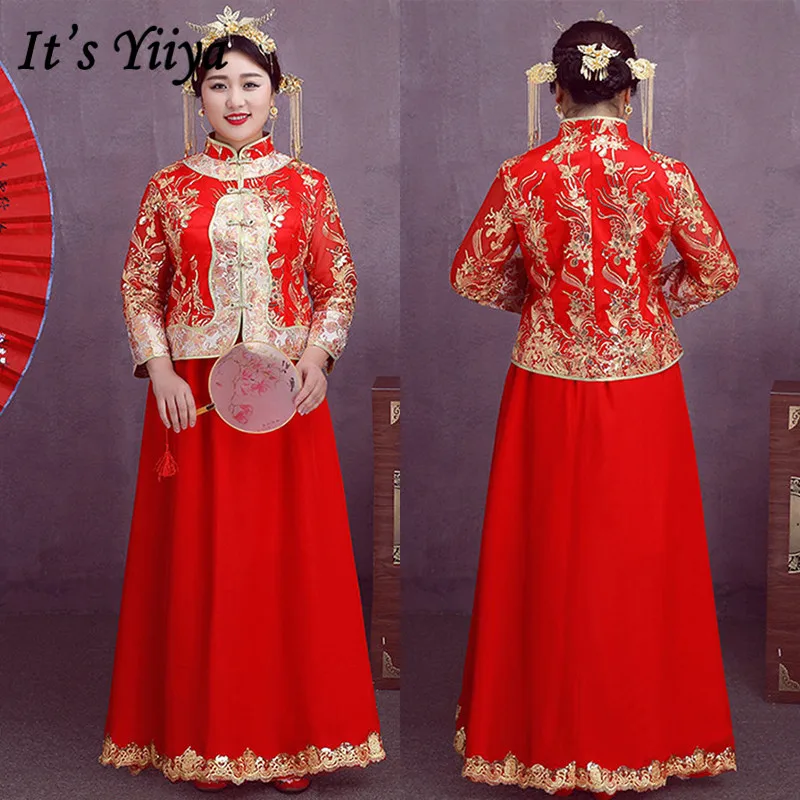 

It's Yiiya Evening Dresses High Collar Embroidery Plus Size Dress Woman Party Floor-Length Long Sleeve Robe De Soiree DX009