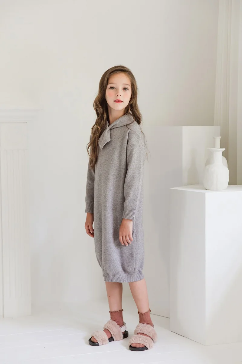 Gray Детские платья г., осенне-зимняя одежда для девочек детское вязаное платье модное повседневное короткое Черно-серое платье-свитер для детей 6, 8, 10, 12, 14 лет - Цвет: Gray