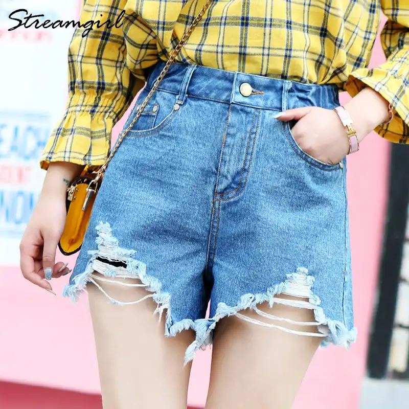 blue ripped high waisted denim shorts