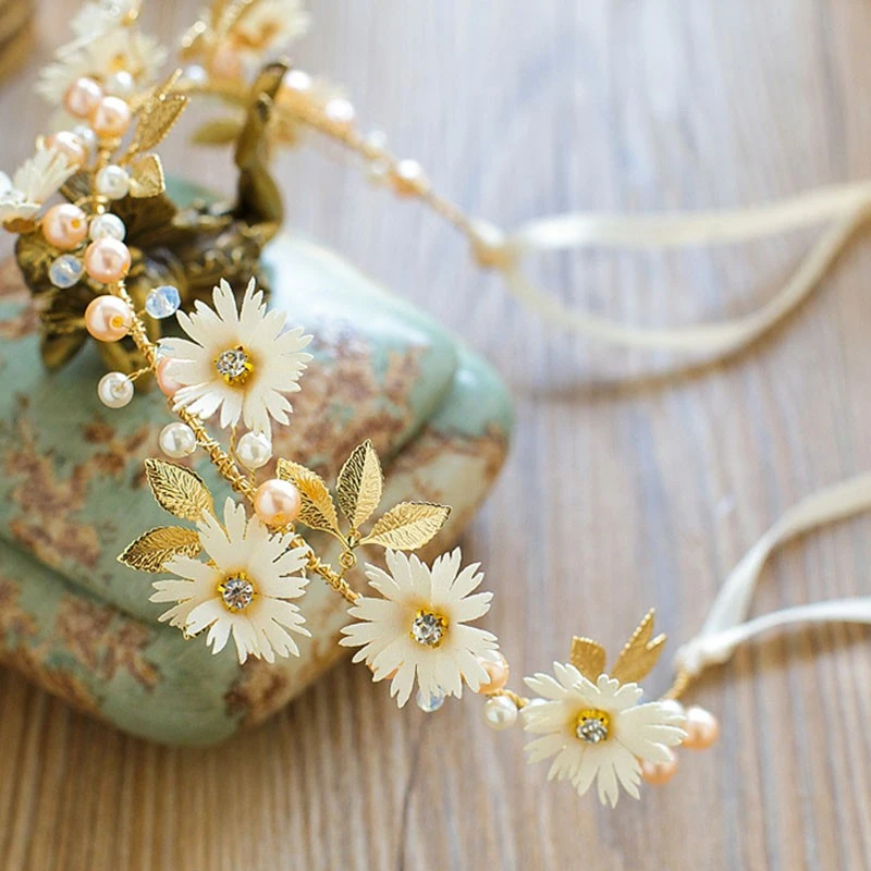 Bride Wedding Hair Accessories Pearl Floral Crown Garland Hairband Leaf Vine Headpiece Ornament