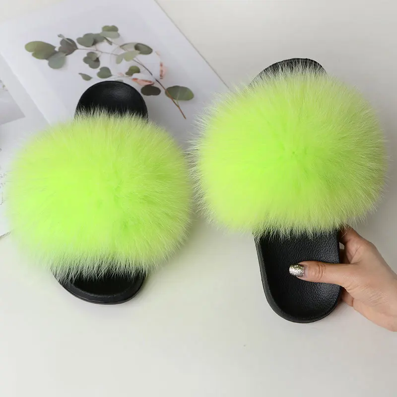 Fluorescent color Женские меховые тапочки; теплые шлепанцы с лисьим мехом для женщин; шлепанцы; Домашние меховые тапочки; пушистые сандалии; зимняя плюшевая обувь - Цвет: Fluorescent color