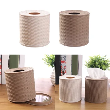 

Tissue Box Toilet Bathroom Tissue Holder Rattan Surface Round Covers Living Room