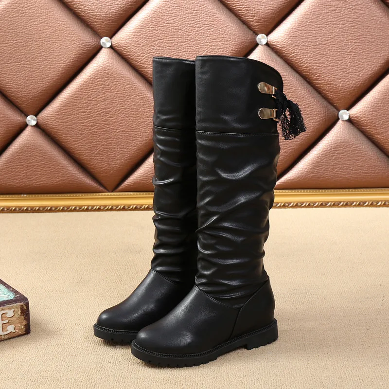 

2018 Autumn And Winter New Style Western Style round Flat Elevator Leather Boot Knee-High Boots Knight Boots Snow Boots Women's