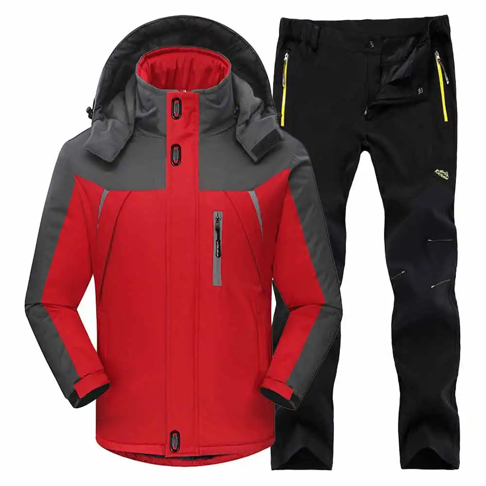 Red Black Suit Мужские зимние водонепроницаемые лыжные теплые флисовые походные куртки для рыбалки и катания на лыжах, мужские походные брюки, походная куртка, комплект, 4XL костюм - Цвет: Red Black Suit