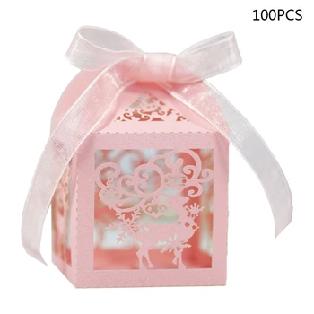 

100pcs Christmas Snowflake Elk Hollow Cut Favor Gift Candy Box Storage Ribbon 67JB
