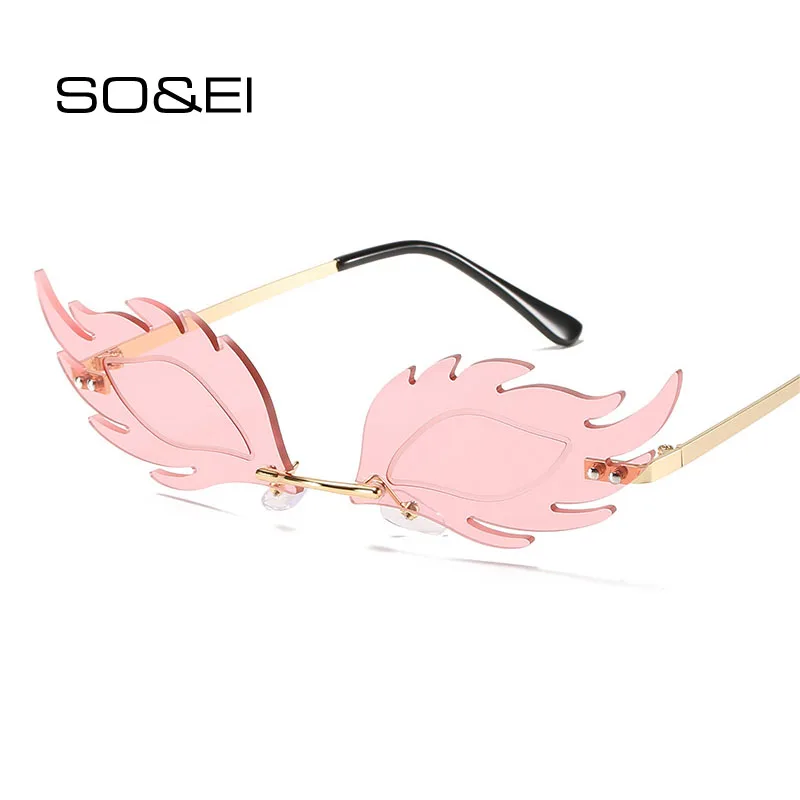 

SO&EI Fashion Unique Flame Feather Shape Women Sunglasses Rimless Clear Ocean Lens Eyewear Brand Designer Retro Men Sun Glasses