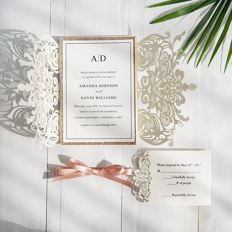 10pcs Pink Wedding Invitation Card Laser Cut Floral Glittering Engagement Baptism Briadal Invitatio - 4.00028E+12