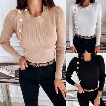 

Fashion Women Sweaters Autumn Winter Casual Knitted Button Sweater Jumper Long Sleeve O Neck Pullover Slim Top Femme