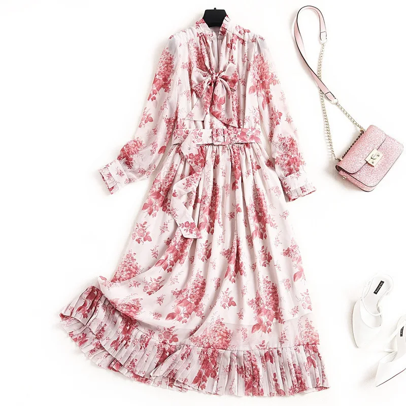 

2020 Spring Fashion Plus Size Ruffles Bow Tie 3/4 Sleeves Lacing Belt Floral Printed Striped Maxi Chiffon Long Dress Women