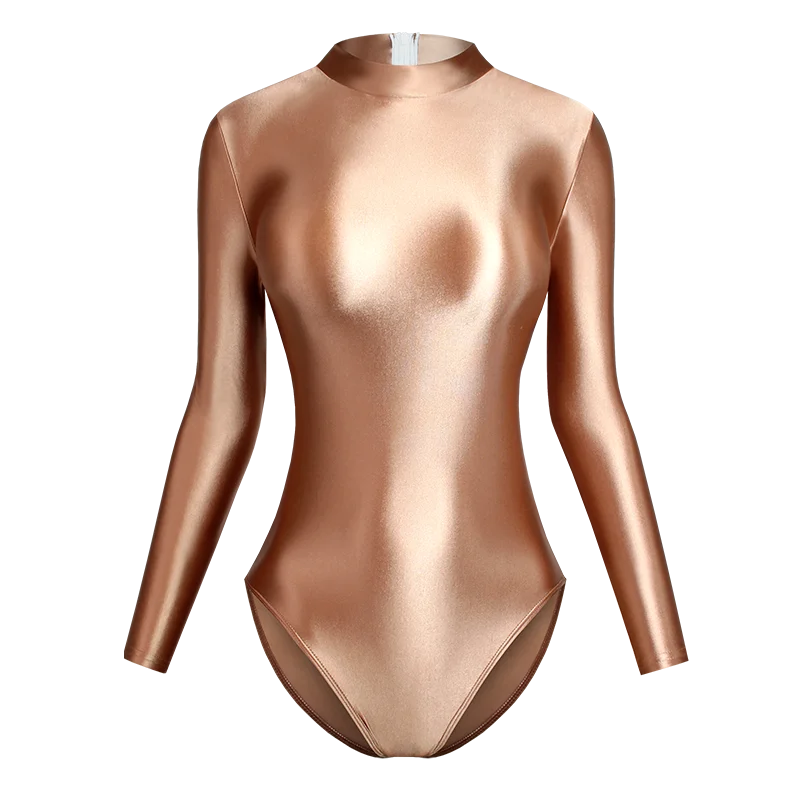 Women Bodysuits Japanese Satin Glossy Sexy Tight Back Zipper High Cut Long Sleeve One Piece Swimsuit Plus Size