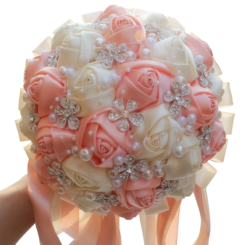 15 см великолепный кристалл цвета слоновой кости Свадебный букет атласный цветок Розы Букеты ленты Свадебный букет невесты