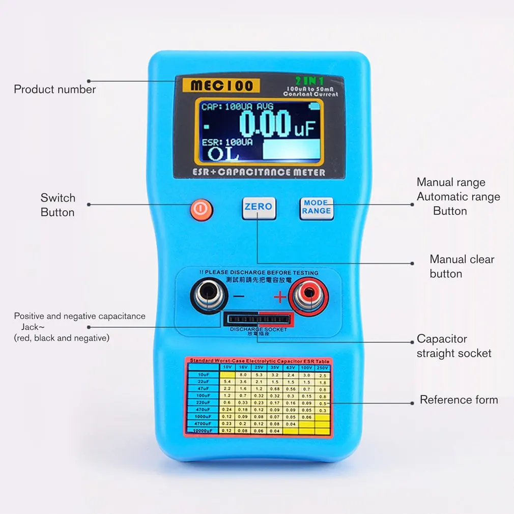 MEC-100, цифровой дисплей, измеритель конденсатора, высокая точность, автозапуск, электролитическая реакция емкости, измеритель сопротивления, ЭСР тестер