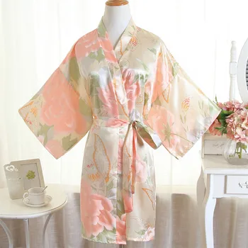 

2020 New Print Floral Sleepwear Bathrobe Satin Homewear Sexy Women Kimono Gown Home Clothes Silky Robe Nightwear Nightgown