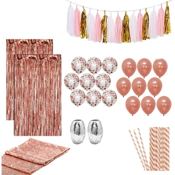 

63 Rose Gold Party Decoration Set Rose Gold Latex and Multicolored Balloons (18) Sequined Towel (1) Tassel Curtain (2) Ribbon (2