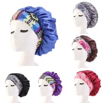 

New Women Big Size Beauty print Satin Silk Bonnet Sleep Night Cap Head Cover Bonnet Hat for For Curly Springy Hair Black