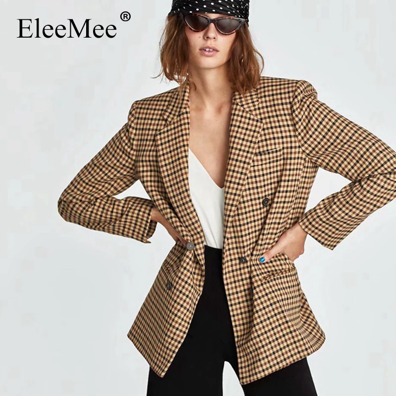 EleeMee Women Blazer Plaid Double Breasted Pocket 2022 Spring And Autumn Coat Tailored Collar Office Ladies Casual Size S-L |