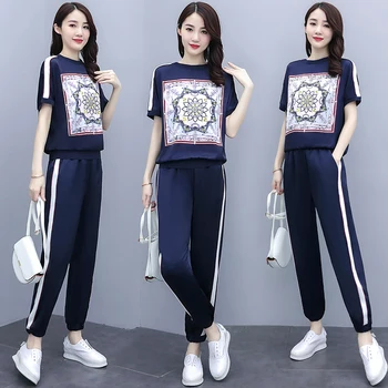 

Plus Size 2 Piece Set Top and Pants Women Two Piece Outfits Pink Casual Sweatsuit Striped Print Korean Trousers Suit Summer 2020