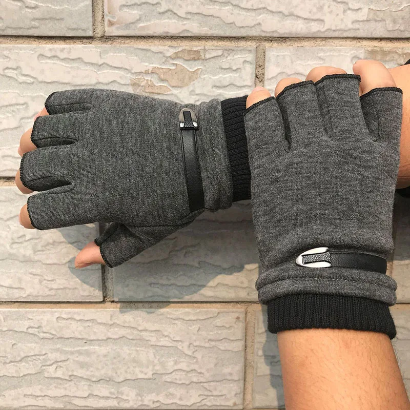 Winter Gloves Men Fleece Warm Half Finger Gloves Stretch Fingerless Mittens for Man Male Outdoor Bicycle Driving Gloves