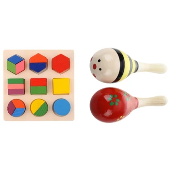 

FBIL-2 x Wood Maracas Musical Instrument Toy for Kids & 1x Early Educational Kids Toys Building Block Wooden Shape