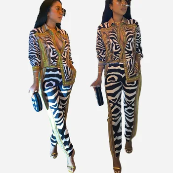 

Women's suit V-neck zebra pattern pants autumn and winter fashion leisure suit ins net red same digital printed shirt