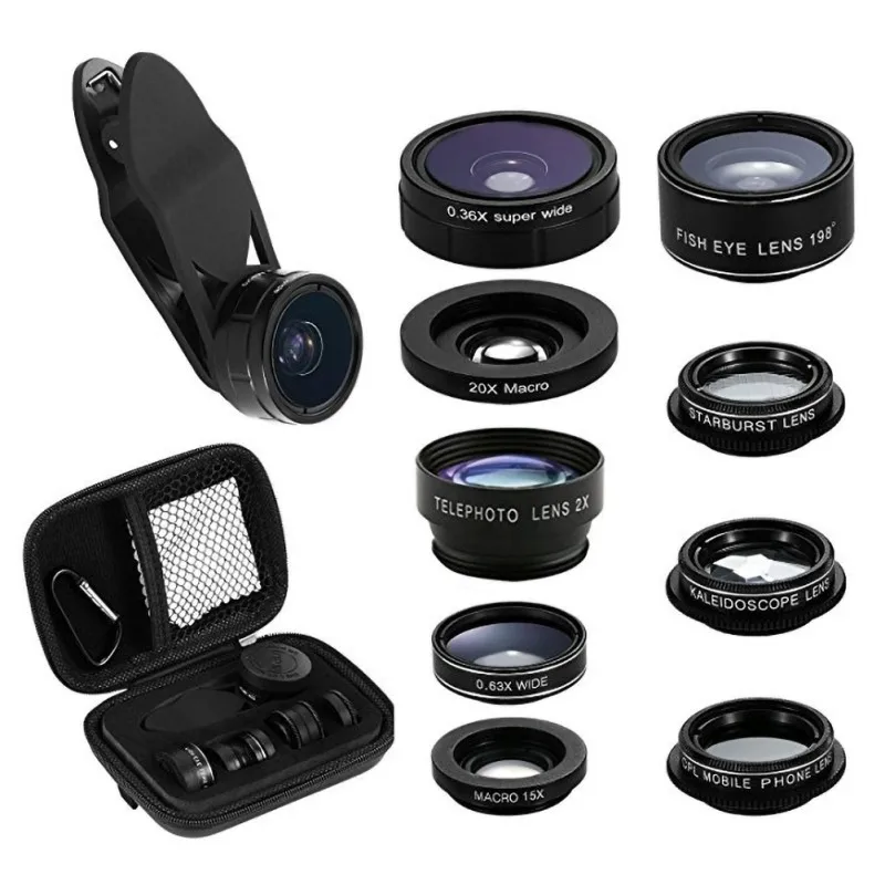

9 In 1 Mobile Phone Lens Kit Wide Micro-Angle Fisheye Telephoto Kaleidoscope Lens Portable Case For Most Popular Cell Phones
