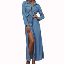 

Fashion Fall Women's Collect Waist Denim Longsleeve Trench Coat Female Split Retro Solid High Waist Dress Overcoat Streetwear