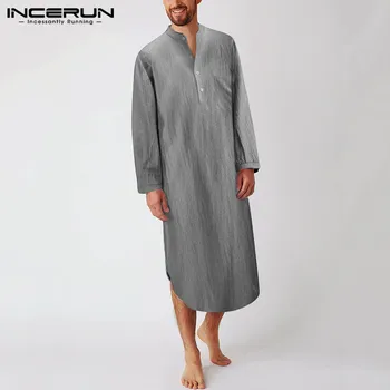 

INCERUN Fashion Men Robes Sleepwear Striped Long Sleeve Stand Collar Homewear 2020 Leisure Mens Bathrobes Cozy Nightgown S-5XL