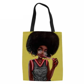 

WHEREISART Women Bag for Shopping Black Art African Girls Heavy Duty Bookbag Ladies Linen Beach Bag Females Top-Handle Bags 2020