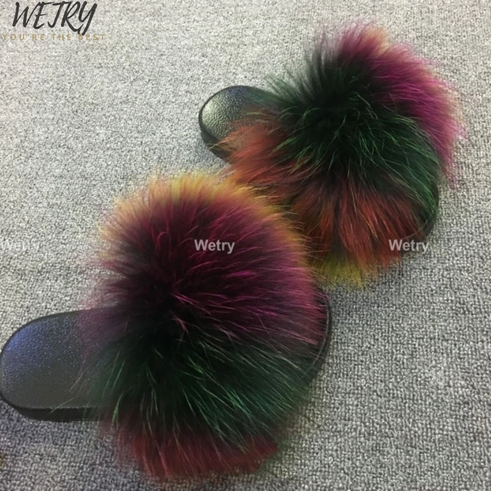 Новые цветные шлепанцы с натуральным лисьим мехом; повседневная обувь; пушистые шлепанцы; Вьетнамки; меховая обувь для женщин; большие размеры 36-45 - Цвет: fox fur Slides