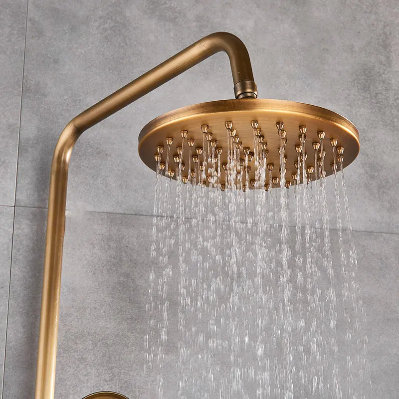 8" Brass Antique Bathroom Shower Faucet Set Wall Mount Dual Handle Handshower Shelf Hot Cold Systems Mixer rain Shower System shower set