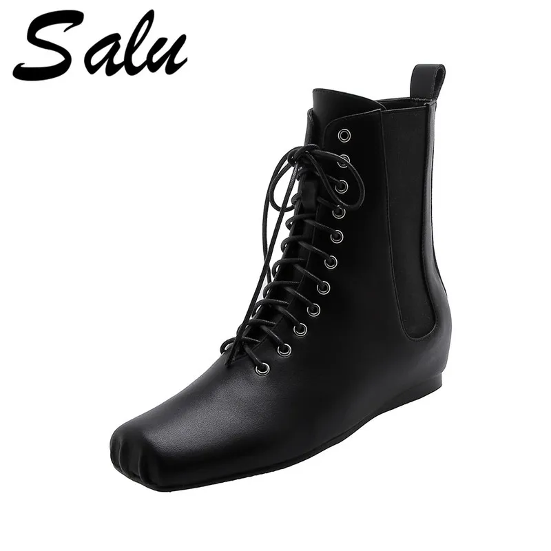 

Salu Autumn Winter Square Toe Cross Tied Women Ankle Boots Genuine Leather Motorcycle Short Boots Party Shoes Woman