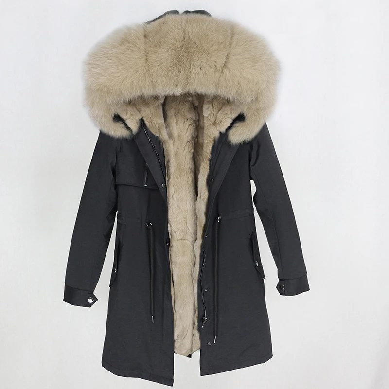 OFTBUY настоящая меховая парка зимняя куртка женская натуральный Лисий меховой капюшон, воротник с кроличьим вкладышем Толстая теплая тонкая верхняя одежда уличная - Цвет: black dark beige