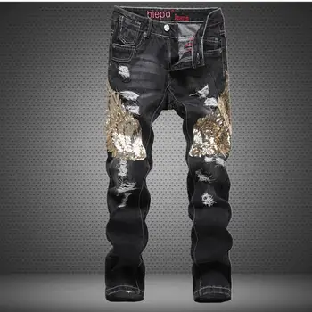 

New Men 's Jeans Embroidery Moto Jeans Slim Fit Straight Denim Pants Distressed Trousers