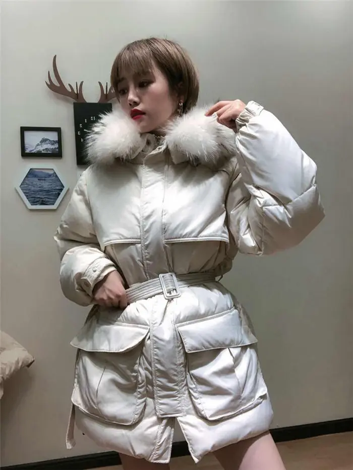 White Down Coat Winter Woman Fashion New Hooded Fur Collar Warm Thicken Cotton Clothing Casual Parkas Belt Overcoat f1401