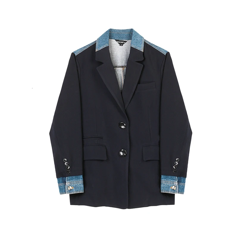 [EAM] джинсовая куртка свободного кроя, смешанные цвета, новинка, воротник с лацканами, длинный рукав, Женское пальто, мода, Осень-зима, 1A619 - Color: blue