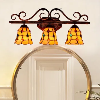 

style retro Tiffany colored glass bathroom mirror headlight American corridor bar restaurant three head wall lamp