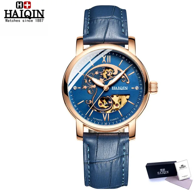 Новые золотые механические часы для женщин HAIQIN автоматические часы женские роскошные брендовые водонепроницаемые женские часы Relogio Feminino - Цвет: BLUE