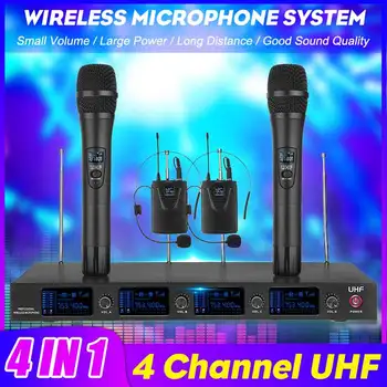 

Wireless Lavalier Lapel Microphone System Professional 50 meters Four Channel UHF Dynamic 2 Handheld Mic With Receiver Karaoke