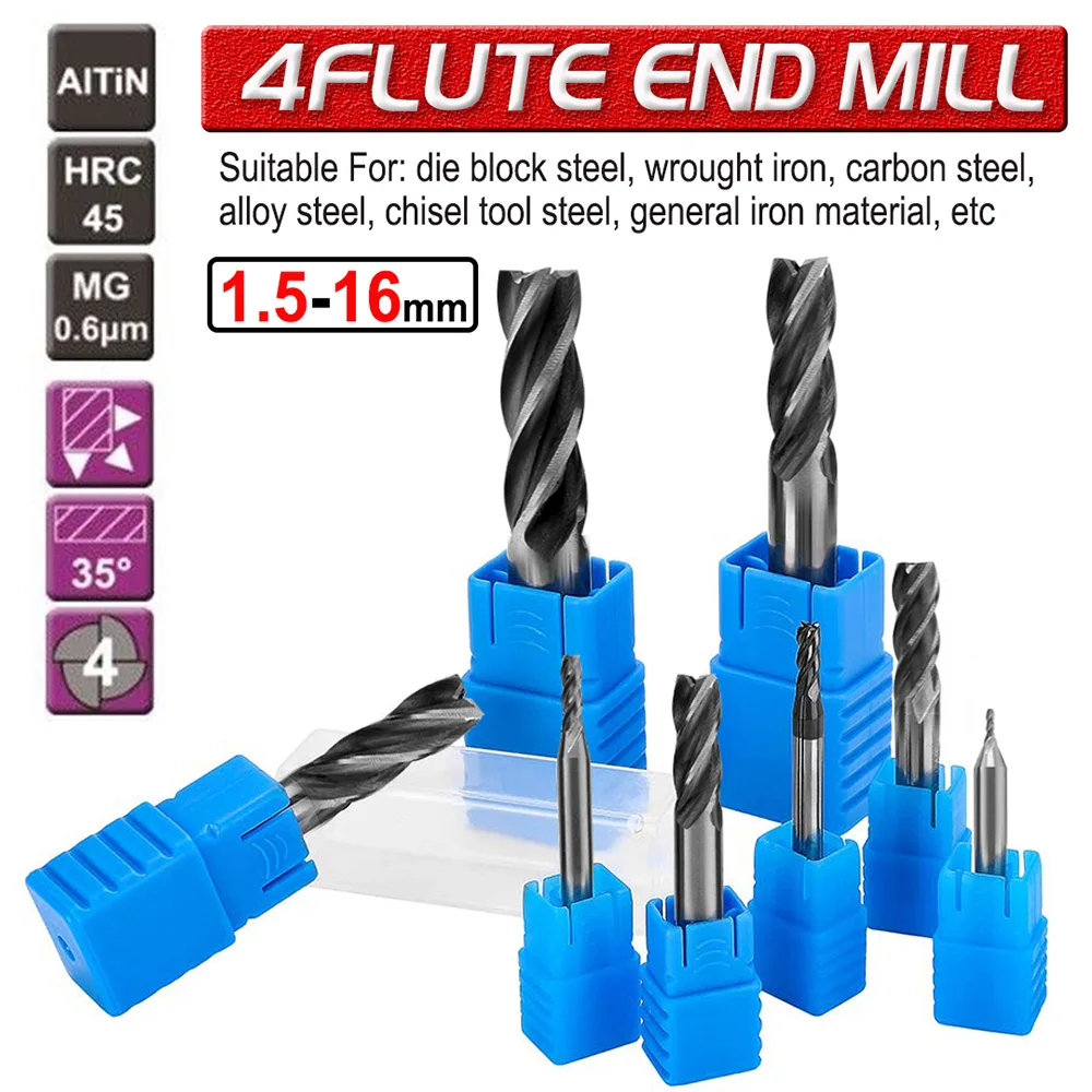 8pcs HRC50 Carbide End Mill 4-16mm 4 Flute TiAlN Coated  Micrograin Carbide Slot Drill Bit Set For Wood Steel Alloy Steel Tool