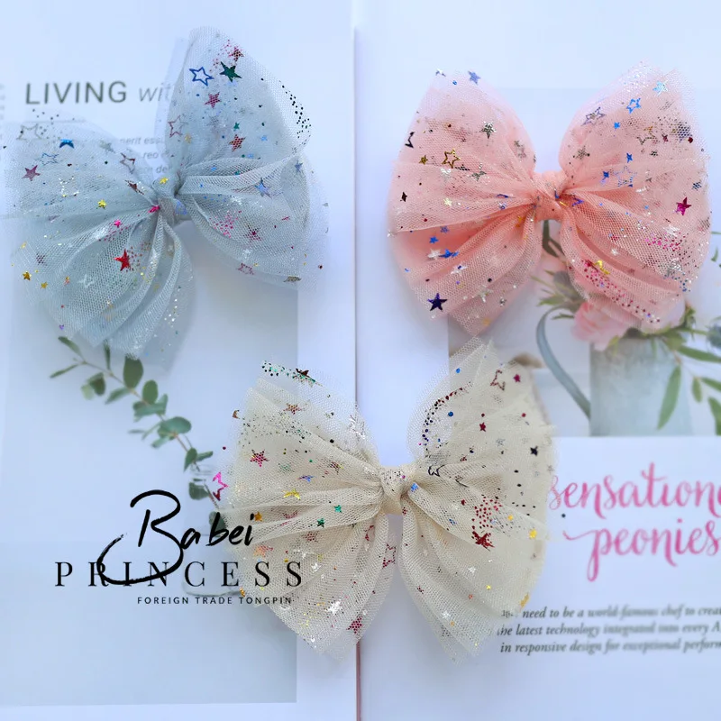 

Korean-style CHILDREN'S Hair Accessories INS Color Five-pointed Star Gauze Large Bow Girls Barrettes Baby Head Clip Head Accesso