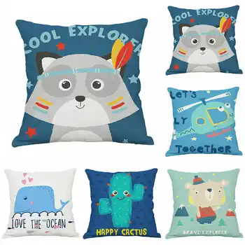 

Cartoon Animals Blue Pillow Case Throw Pillowcase Cotton Linen Printed Pillow Covers For Office Home Decor