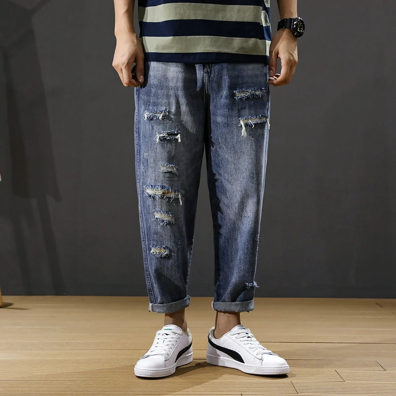 

Fashion Streetwear Men Jeans Loose Fit Blue Color Destroyed Ripped Jeans Men Wide Leg Trousers Japanese Designer Hip Hop Jeans