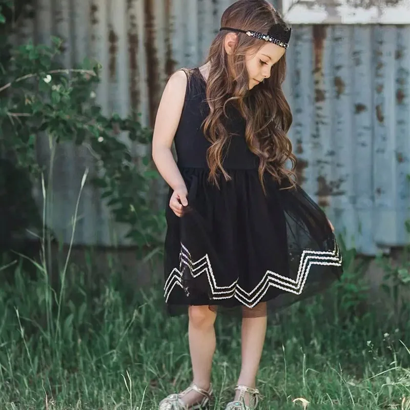 

Poka Summer New Style Black Dress Sleeveless GIRL'S Dress Black And White with Pattern Middle And Large Girls' Shirt Vest Skirt
