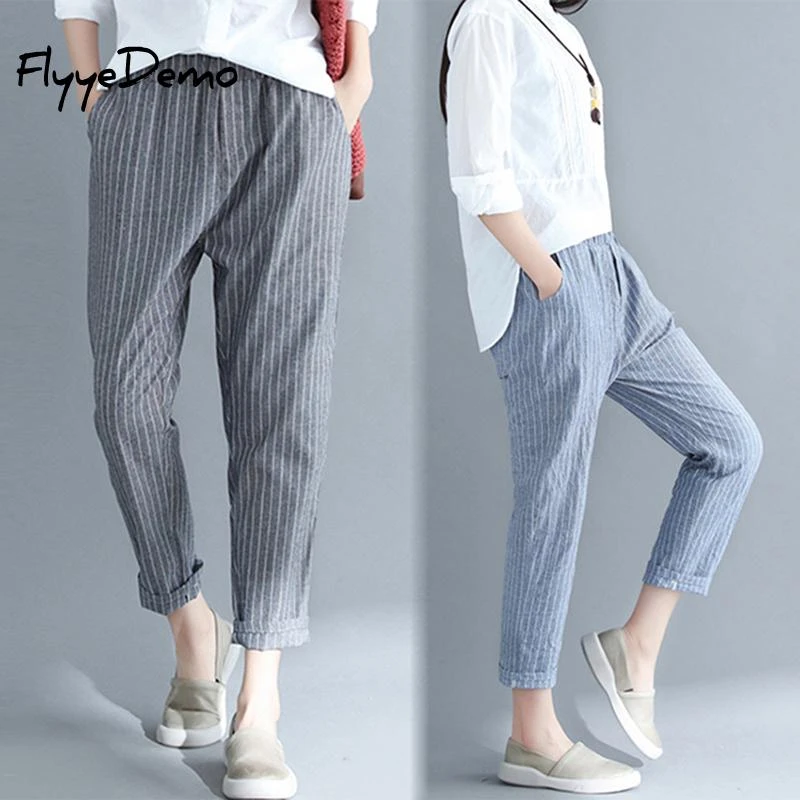 summer pockets striped casual capri pants
