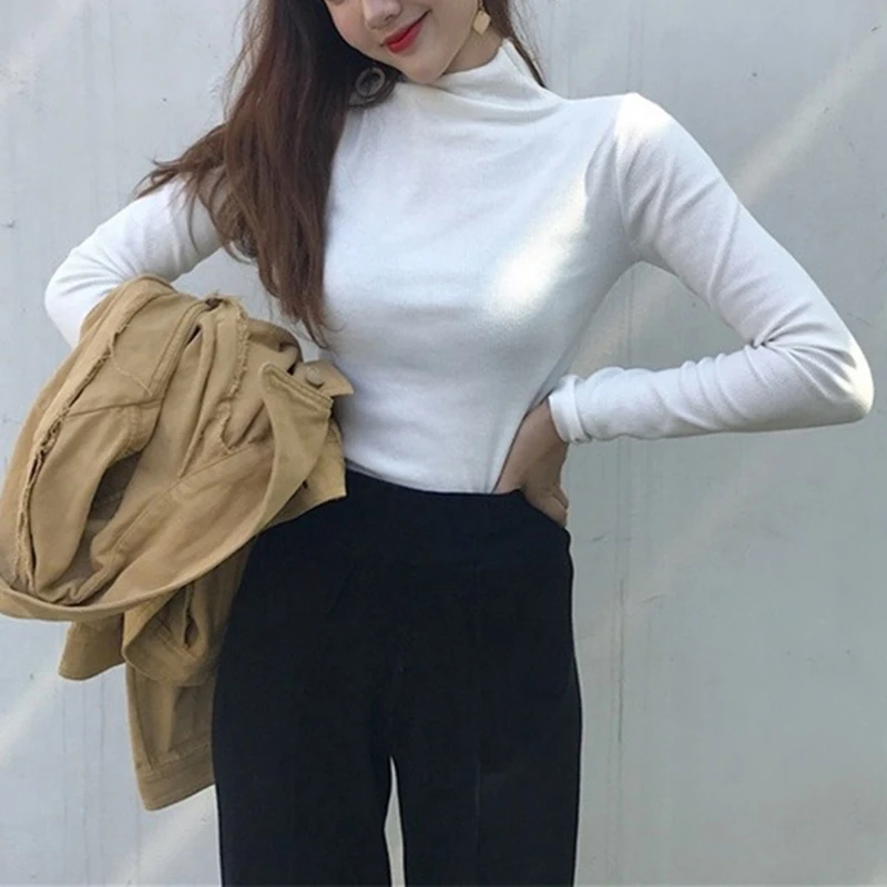 

Women Fall Tee Solid Color Turtleneck Long-sleeved T-shirt Slim Ladies Autumn Warm Clothes TShirt Tops White XL