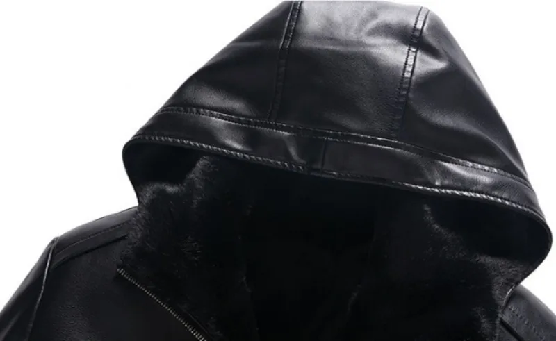Winter High Quality Pu Leather Jacket Men Hoody Fur Lining Warm Coat Business Casual Outwear Overcoat Slim Fit Jackets Big Size