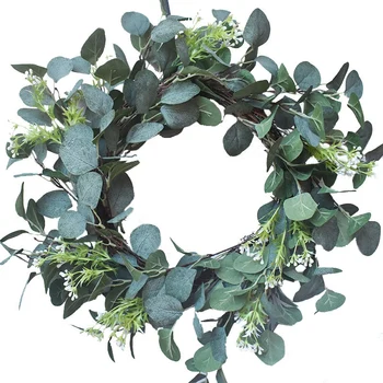 

17.7 Inch Artificial Wreath Green Leaf with Rattan Base Weaving, Handmade Eucalyptus Wreathes for Home Wall Door Decor