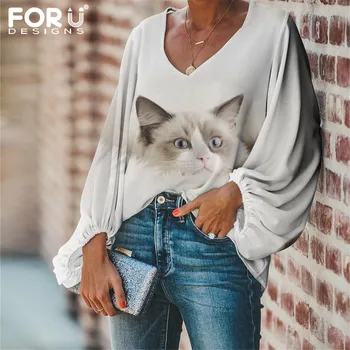 

FORUDESIGNS Lovely Ragdoll Print Long Sleeve Blouse Women's Casual Bell Sleeve Loose Tops Cute White Kitten Breathable Shirt