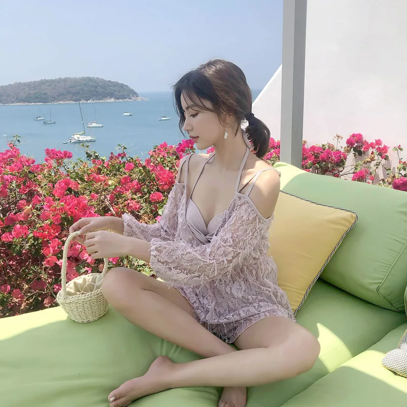 

Three-piece Set Swimwear Cover-up Small Bust Gathering Boxer Hot Springs Bathing Suit 2019 South Korea New Style Bikini Electric